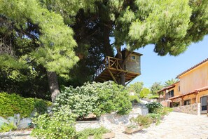 A treehouse attached to a large pine tree, surrounded by lush greenery and a stone wall.