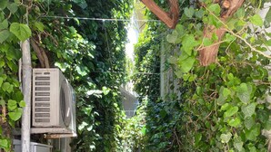 A narrow pathway flanked by lush greenery, a large terracotta pot, and an air conditioning unit. - Ozen Turku Hotel (Denizli)