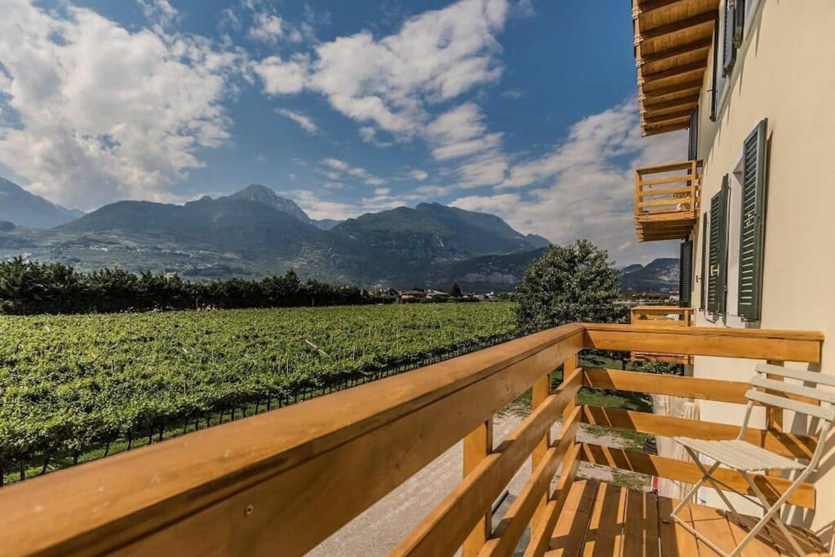 A balcony with a wooden railing overlooking a vineyard and mountains.