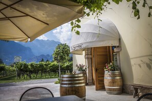 A vineyard view with a building entrance labeled "Le Servite". - Le Servite Apartments (Arco)