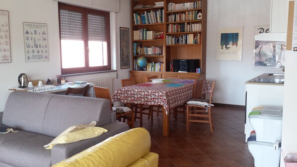 TV, fireplace, books, stereo