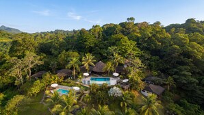 A tropical resort with a swimming pool, thatched-roof huts, and lush greenery. - The Tranquilo Lodge (Drake Bay)