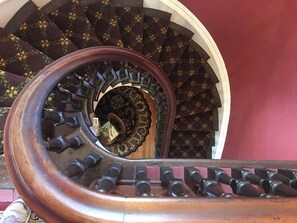 Eine Wendeltreppe mit hölzernem Geländer und einem gemusterten Teppich.