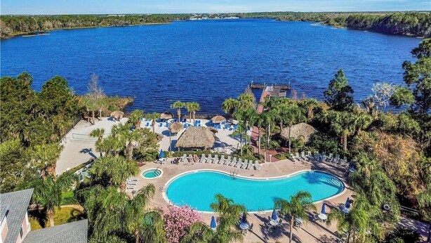A resort with a large swimming pool surrounded by palm trees and lounge chairs, overlooking a large body of water.