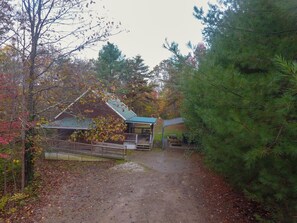 Ein rustikales Blockhaus mit Veranda und überdachtem Picknickbereich, umgeben von Bäumen und einem Feldweg.