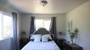 Un dormitorio con cama, dos mesitas de noche, una lámpara de noche, una ventana con cortinas, un estante en la pared con una planta y una luz en el techo.