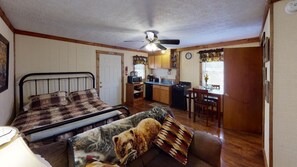 A compact room with a bed, a sofa, a dining table, and a kitchenette.