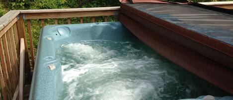 Ein Whirlpool mit Holzterrasse und Bedienfeld.