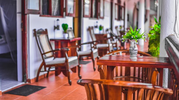 Un restaurante con mesas y sillas de madera, un jarrón con una planta sobre una mesa, y una puerta con felpudo.
