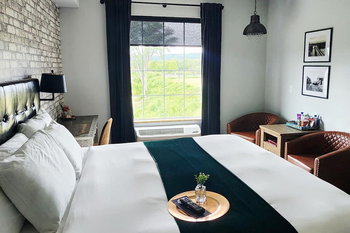 A hotel room with a large bed, a view of greenery through the window, a small table with a remote control, and a leather armchair.