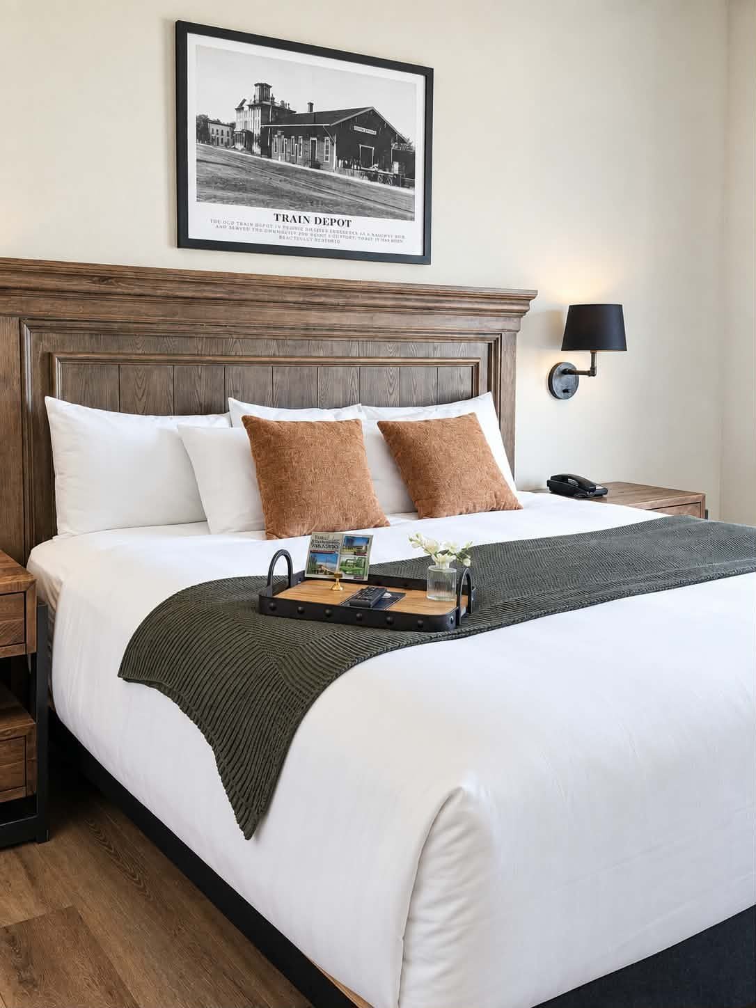 A neatly made bed with a headboard, a bedside table with a lamp, and a framed picture of a train depot on the wall.