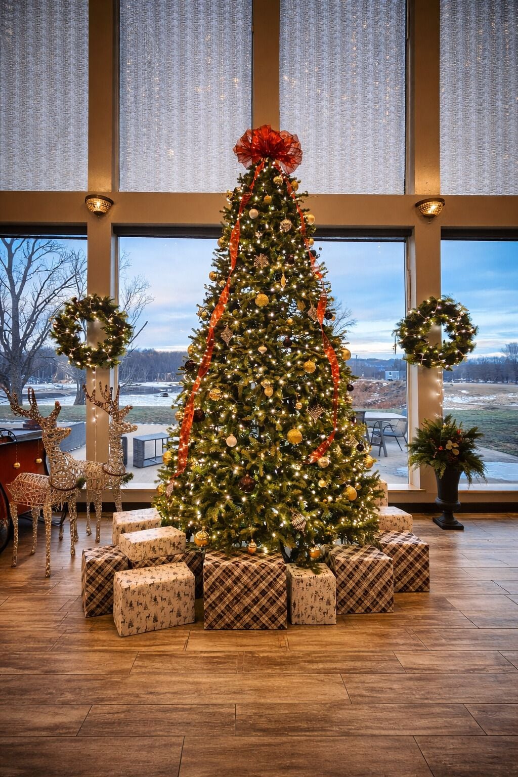 A Christmas tree with ornaments and lights, surrounded by wrapped presents, in a room with large windows and a view of a snowy landscape.