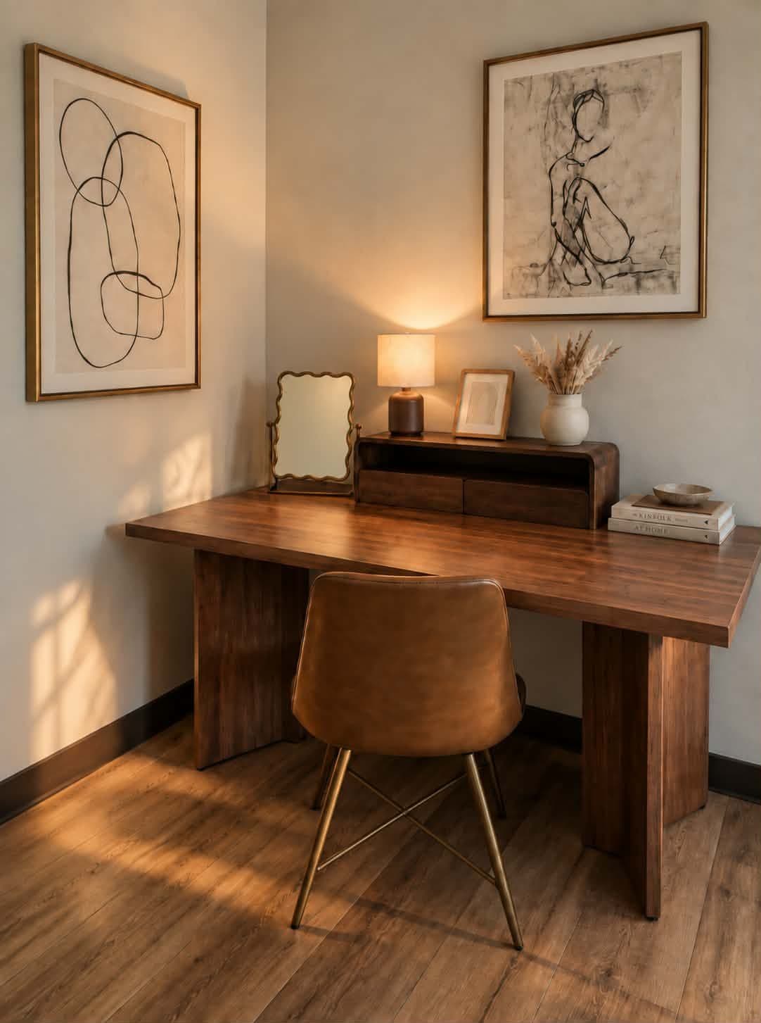 A wooden desk with a chair, two framed artworks, a lamp, and a vase with dried plants.