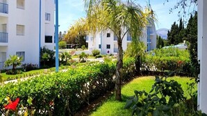 En innergård med en palm, välskötta häckar och en vit byggnad med balkonger.