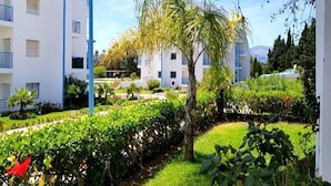 A courtyard with a palm tree, well-maintained hedges, and a white building with balconies. - Residence Riviera Beach 4112 (Cabo Negro)