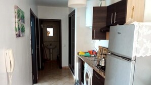 A compact kitchen with a washing machine, a refrigerator, and a sink. - Residence Riviera Beach 4112 (Cabo Negro)