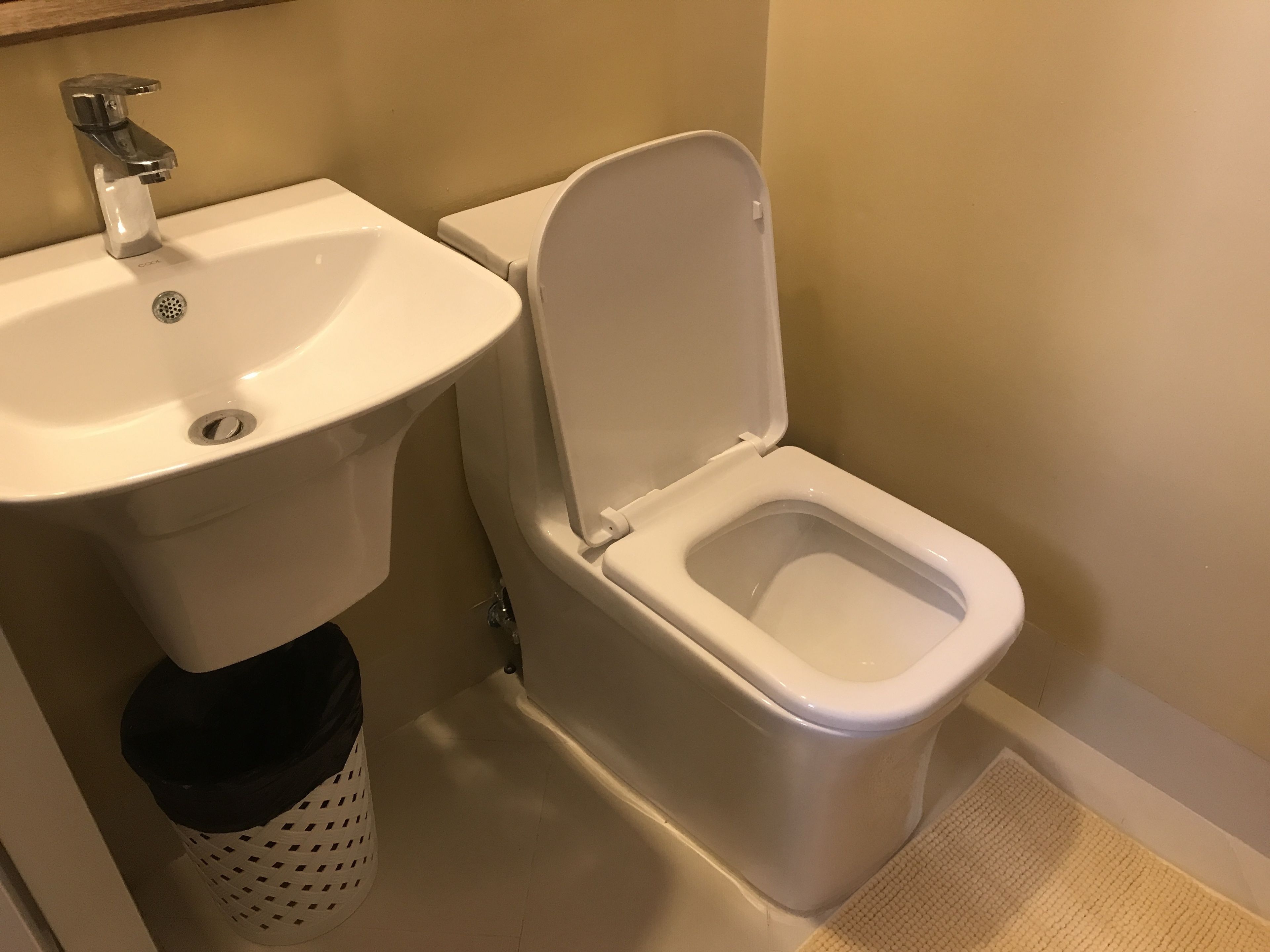 A bathroom with a white sink, toilet, and trash bin.