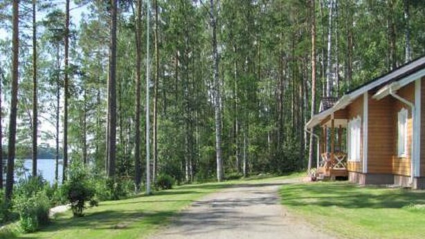 Une cabane dotée d’un porche, entourée de grands arbres et accessible par un sentier bien dégagé.