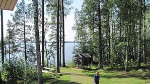 Une cabane dotée d’une terrasse donnant sur un lac, entourée de grands arbres.