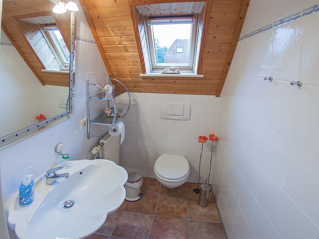 A small bathroom with a skylight, a sink, a toilet, and a mirror.