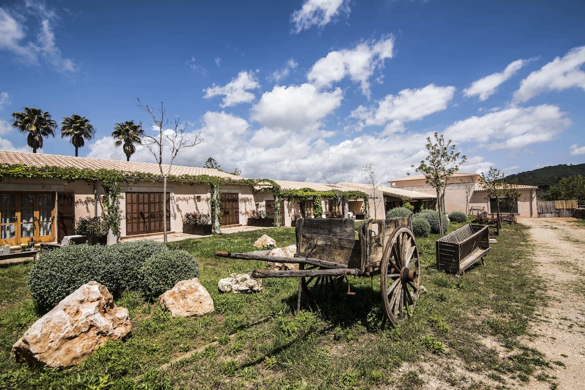 A courtyard with a rustic wooden cart, palm trees, and traditional buildings with tiled roofs.