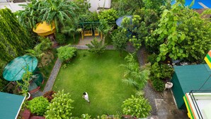 Un jardín exuberante con césped, un columpio y diversas plantas.
