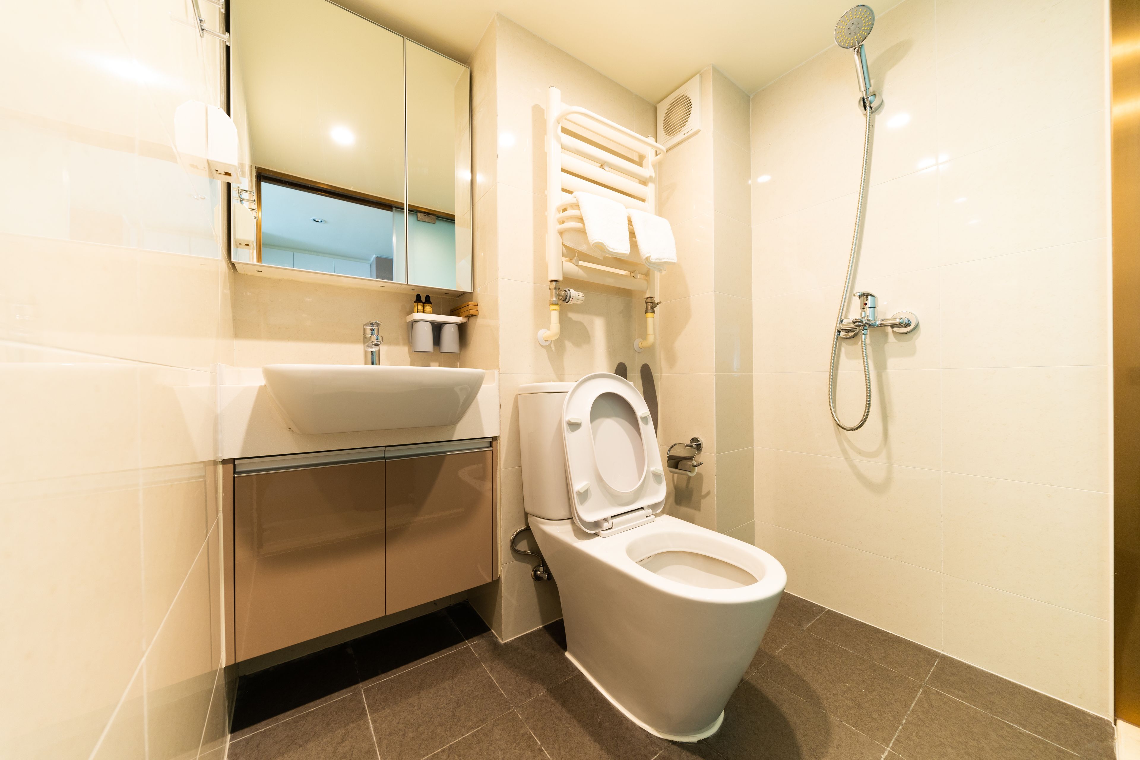 Dusche, kostenlose Toilettenartikel, Haartrockner, Hausschuhe