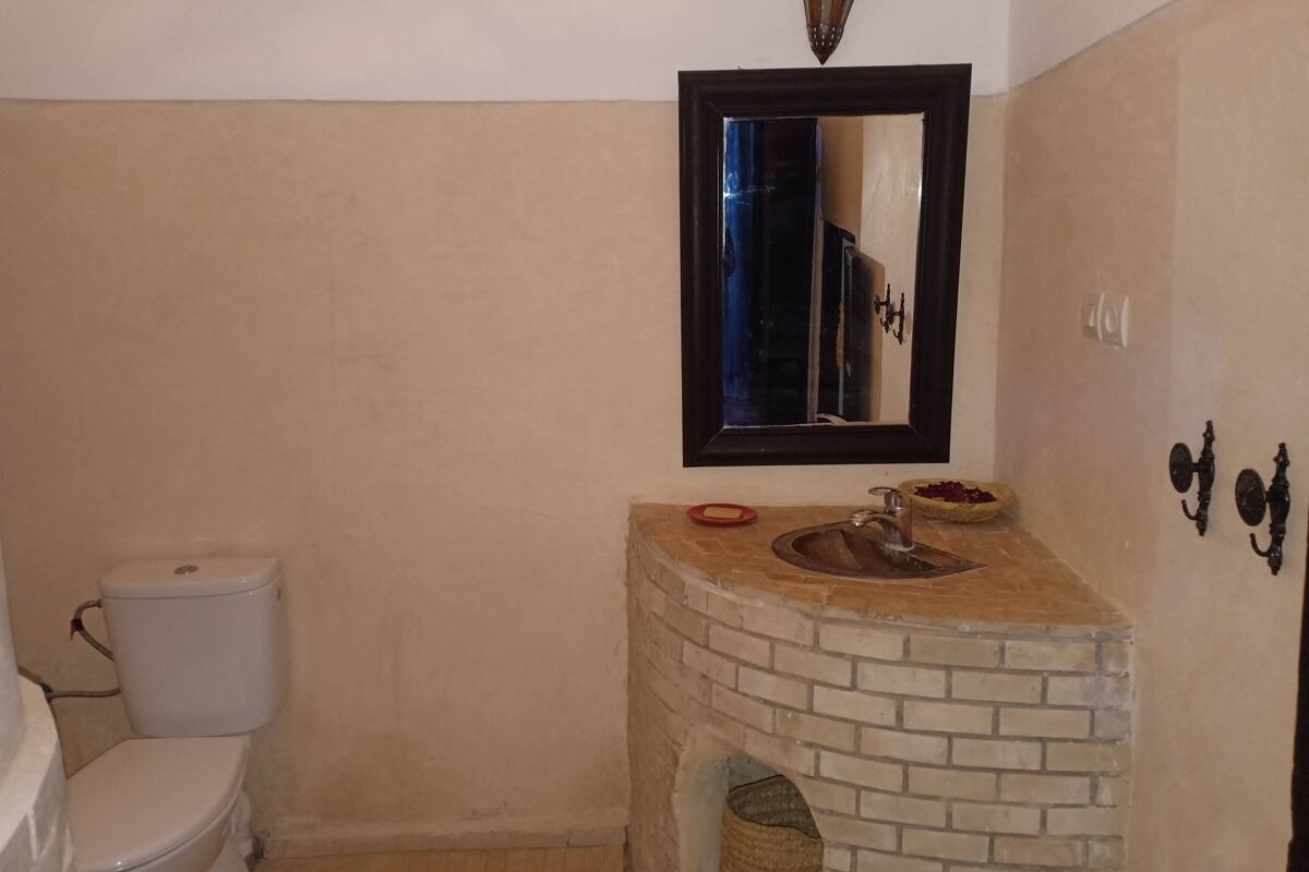 Separate bathtub and shower, towels
