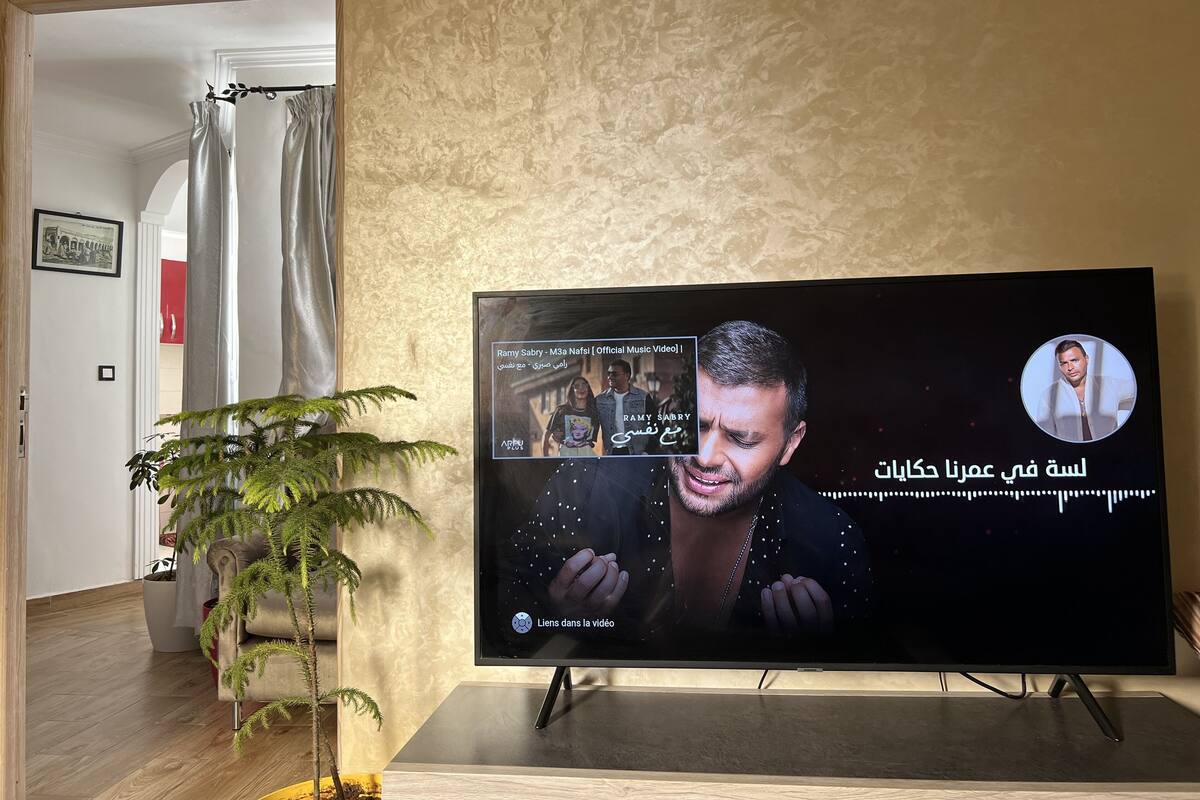 Televisiossa näkyy musiikkivideo, jossa on tekstitykset vieraalla kielellä. Huoneessa on ruukussa oleva kasvi, ja lattia on puuta. Taustalla näkyy ovi.