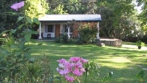 Una casa con techo azul, rodeada de un césped cuidado y diversas plantas.