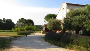 Un chemin de gravier mène à un bâtiment en pierre doté d’une porte en bois et d’un petit porche.