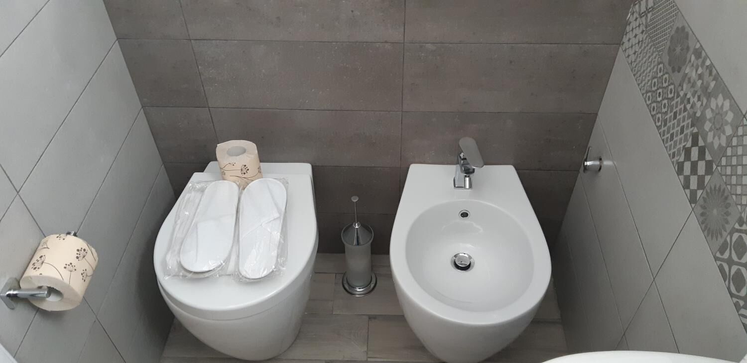 A bathroom with a toilet, bidet, and toilet paper.
