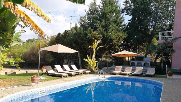 Ein Swimmingpool mit Liegestühlen und Sonnenschirmen, umgeben von Bäumen und einem Gebäude.