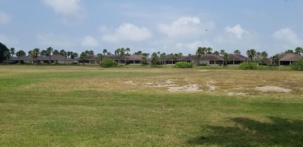 A row of single-story houses with flat roofs and a grassy field in the foreground. - Upgraded Villa -37 TP (Laguna Vista)