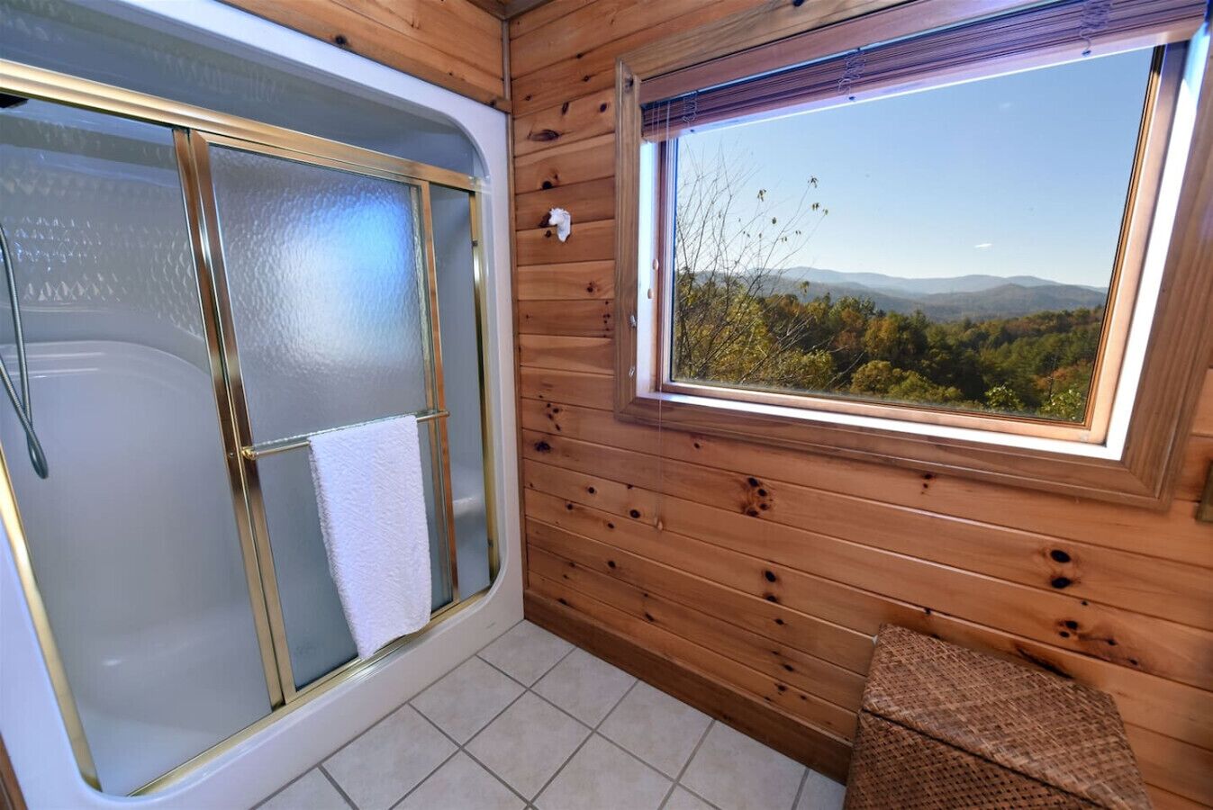 Une salle de bain dotée d’une porte de douche en verre, d’une fenêtre donnant sur une forêt et des montagnes, et d’un sol carrelé.