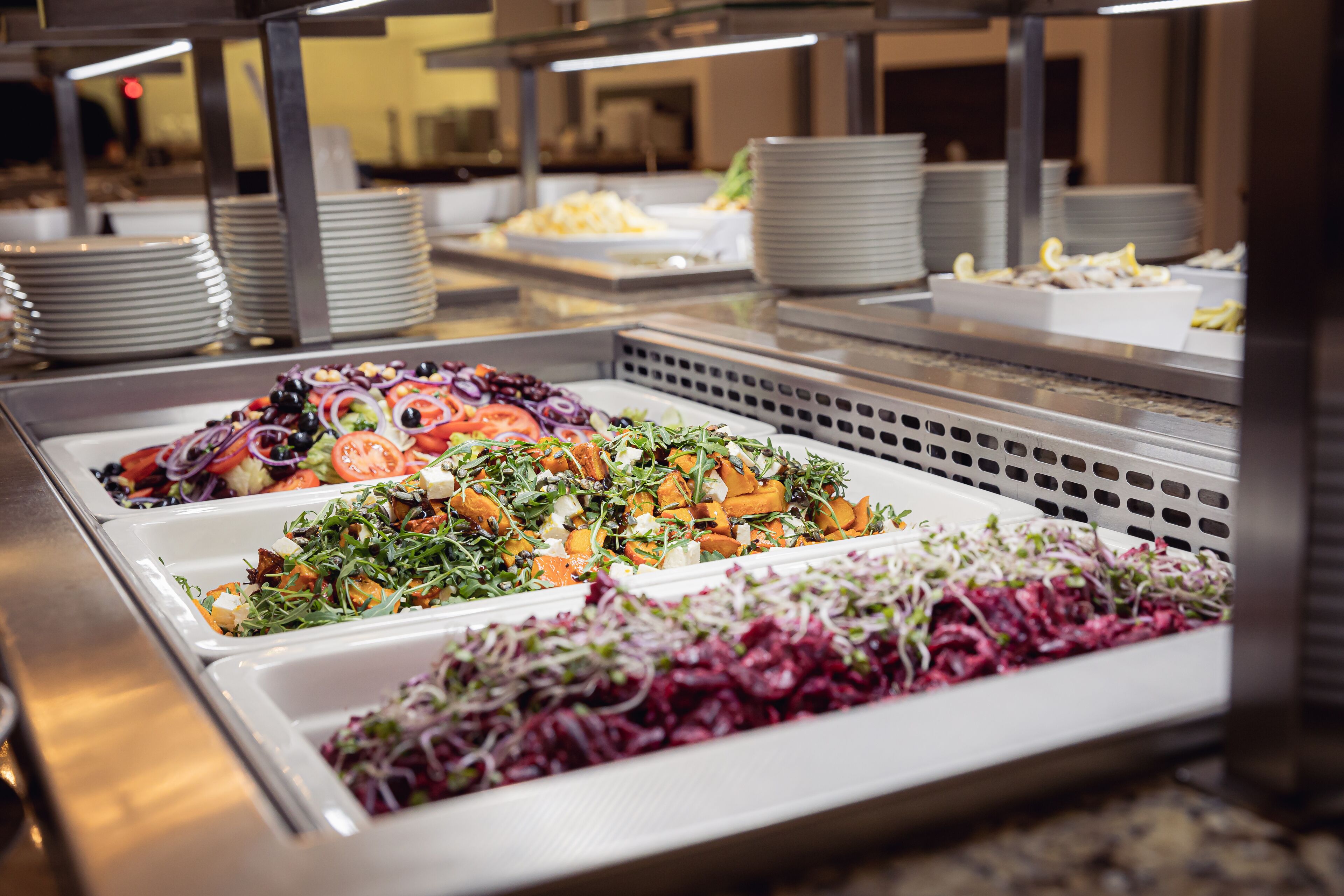 Buffet com diversas saladas e pratos.