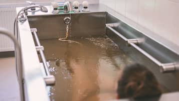 A bathtub with running water, a showerhead, and a faucet.