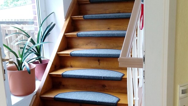 Una escalera de madera con peldaños cubiertos de moqueta azul que conducen a una plataforma.