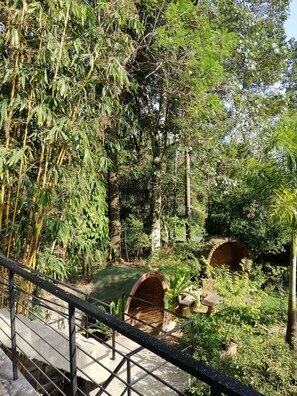Um jardim com bambu, uma estrutura de tijolo e um corrimão de metal.