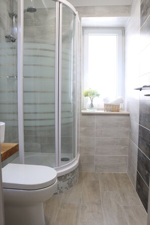 Shower, hair dryer, towels, soap