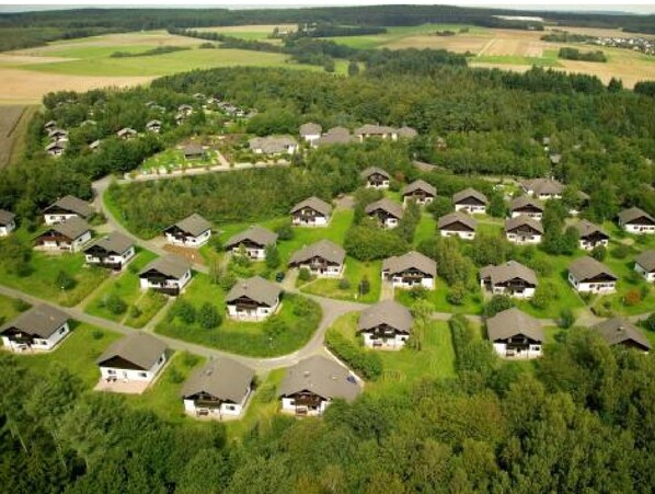 Vista aérea de una zona residencial con casas dispuestas en forma de semicírculo, rodeada de vegetación.