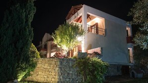 A modern two-story house with a stone wall and a tree in front. - Avista Villa (Sithonia)