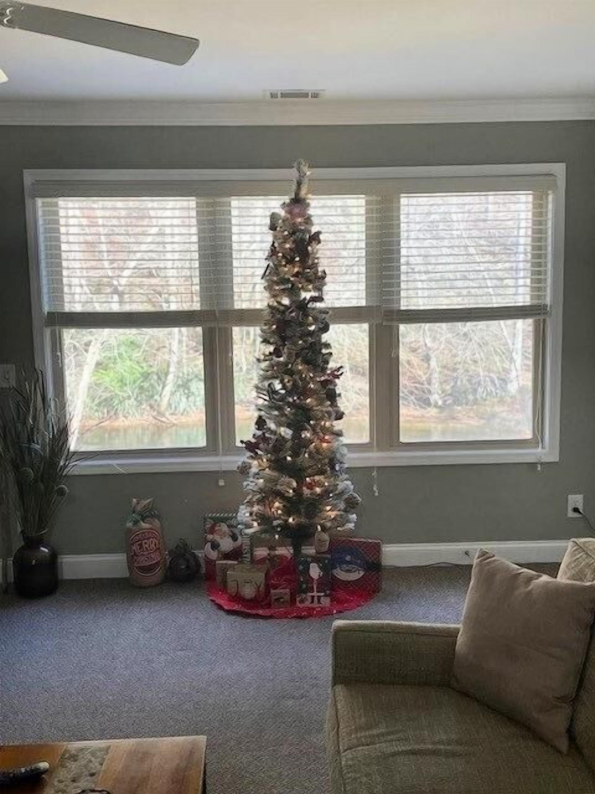 A living room with a Christmas tree, large windows, and a couch.