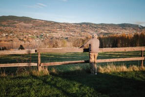 A person standing by a wooden fence overlooking a rural landscape with houses and hills.
