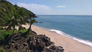 Un paisaje costero con una playa arenosa, afloramientos rocosos y palmeras.