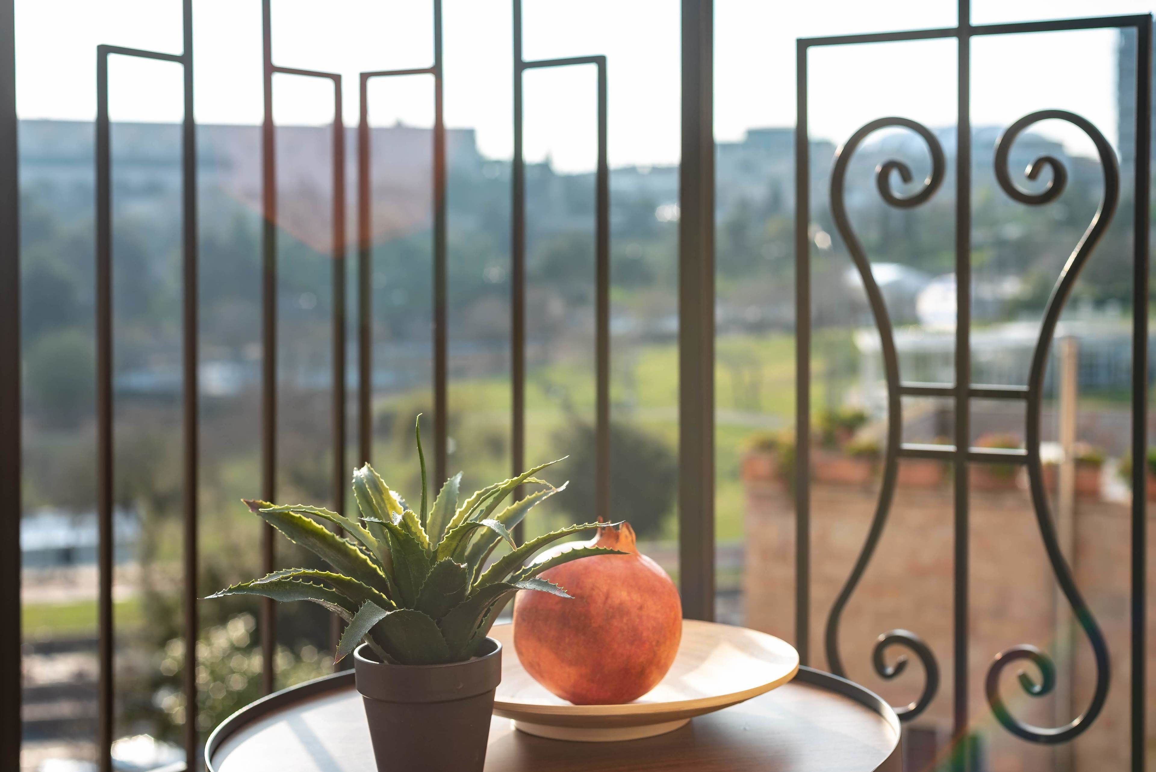 A potted aloe vera plant and a pomegranate on a wooden table with a metal railing in the background.