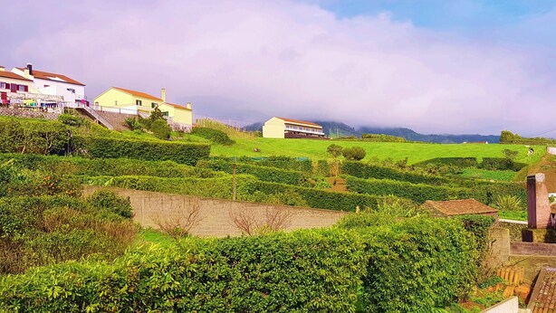 A rural landscape with houses on a hillside, terraced fields, and a clear sky.