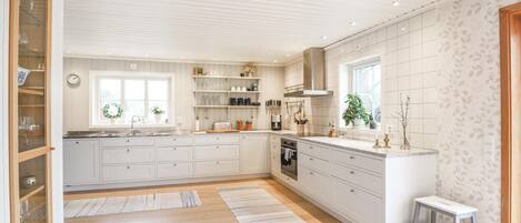 Fridge, stovetop, dishwasher, coffee/tea maker