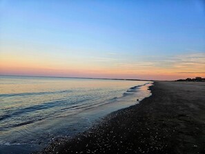 Una spiaggia con un mare calmo, cielo sereno e una costa in lontananza.