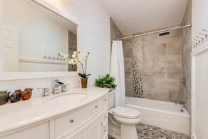 Ensemble baignoire-douche, séchoir à cheveux, serviettes fournies, savon